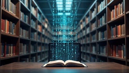 Futuristic library scene. Open book on table with glowing binary code displayed on laptop. Bookshelves filled with various books. Digital data flows through room. Advanced tech concept integrates