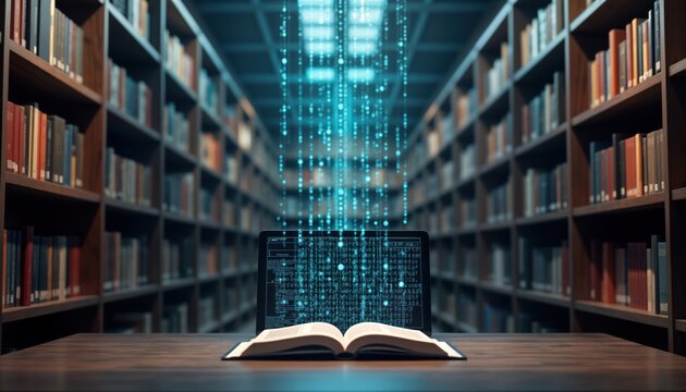 Futuristic library scene. Open book on table with glowing binary code displayed on laptop. Bookshelves filled with various books. Digital data flows through room. Advanced tech concept integrates