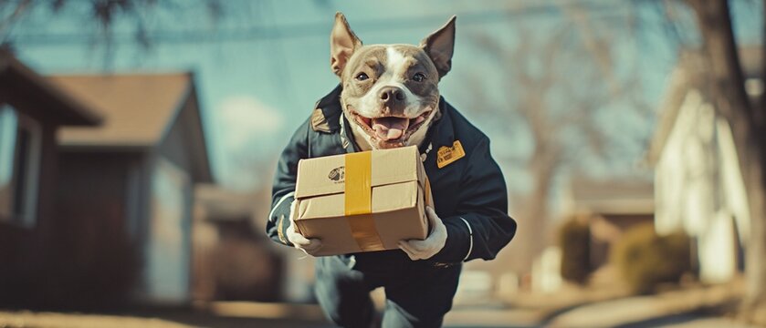 Happy dog in a postman's uniform delivering a package.