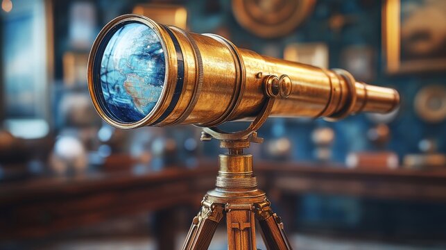 a gold telescope on a wooden tripod