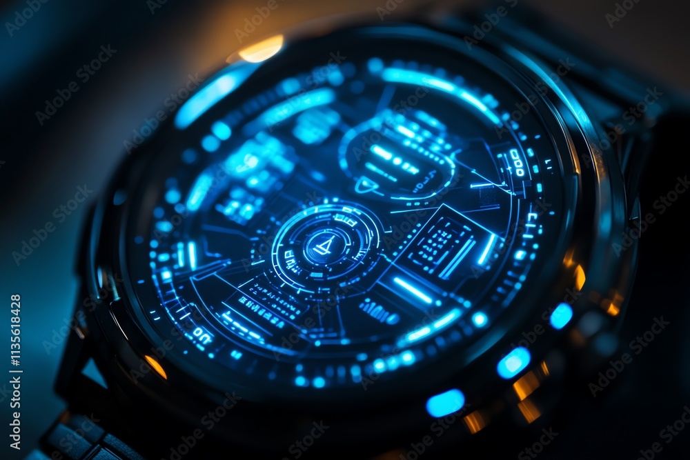 Aufkleber A close-up of a futuristic digital watch face displaying various high-tech data metrics.