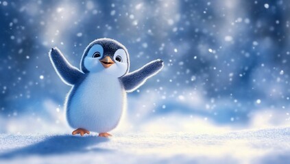 Happy penguin enjoying snowfall.