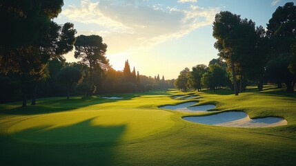 Naklejka premium a golf course with trees and sand