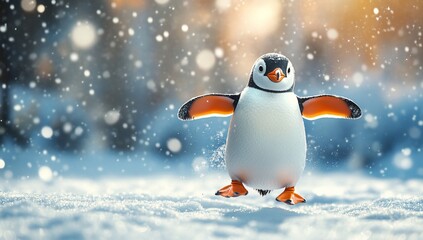 Happy penguin waddling in snowy winter landscape.