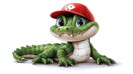 Fototapeta premium a green and white crocodile with a red hat