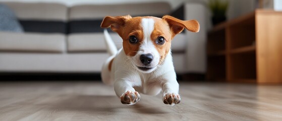 Happy puppy running indoors on floor.