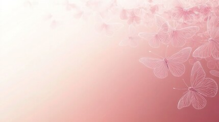 Obraz premium A soft pink background with a row of tiny, delicate vector butterflies fluttering at the top. The butterflies are detailed with intricate lines and a soft glow around their edges. 