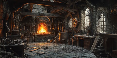 A dimly lit blacksmith workshop with tools, a forge, and stone walls.
