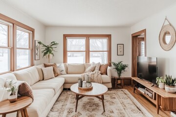 Fototapeta premium Cozy Minimalist Living Room Interior Design with Beige Sectional Sofa, Wooden Accents, and Natural Light
