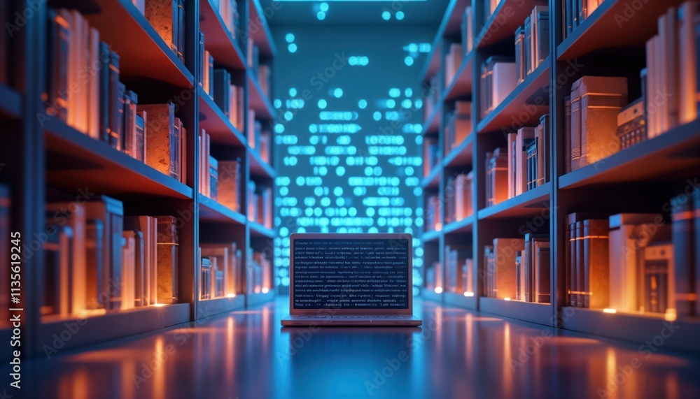 Aufkleber Futuristic digital library AI-powered info search. Bookshelves filled with books illuminated by glowing binary code. Laptop computer displays data visualizations. Interactive info system blends tech,