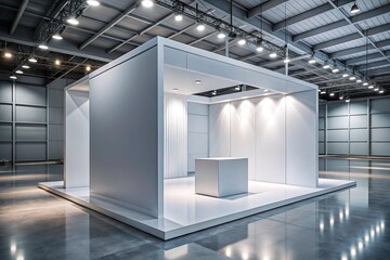 3D White Trade Show Booth Mockup: Empty Display, Podium, Exhibit Stand