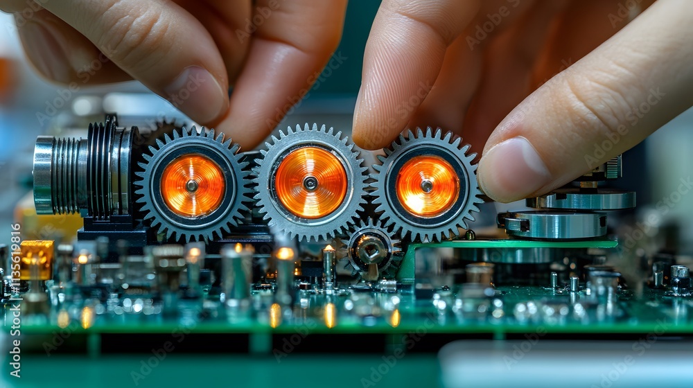 Aufkleber a close-up of hands assembling gears on a circuit board, highlighting technology and engineering.