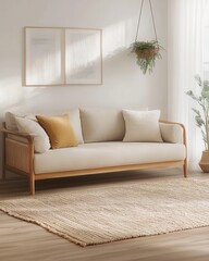 Fototapeta premium Serene Minimalist Living Room Interior Design with Beige Sofa and Woven Rug