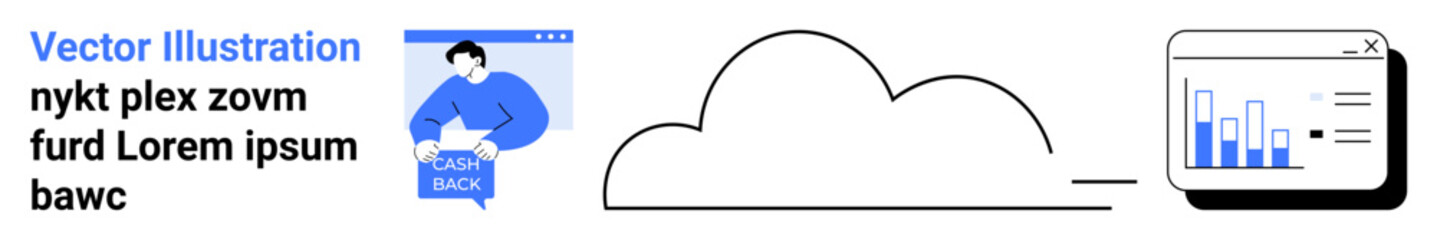 Businessman holding clipboard, white cloud outline, data analytics chart with blue bars, black and blue text. Ideal for websites, reports, presentations, infographics, educational materials, social