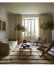 Fototapeta premium Serene Parisian Apartment Living Room with Beige Accents and Wooden Furniture