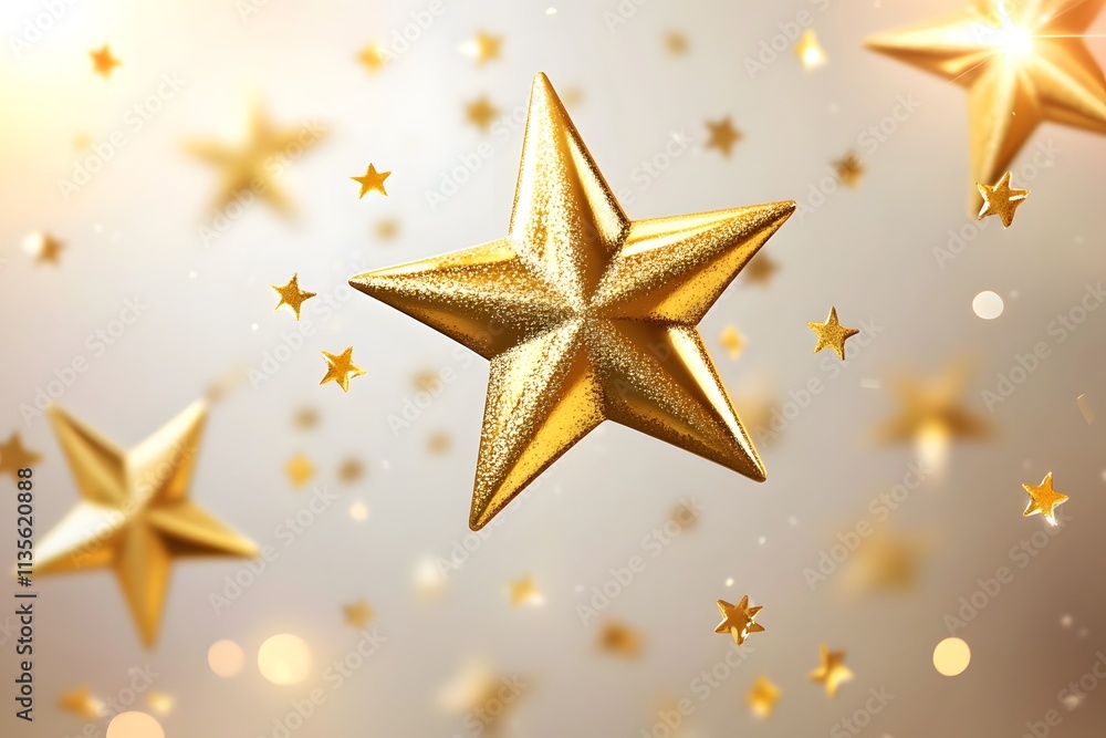 Poster a collection of golden stars floating against a soft background, creating a festive atmosphere.