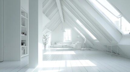 Obraz premium Serene White Attic Apartment Interior Design: Minimalist Living Space with Abundant Natural Light