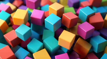 Obraz premium Abstract Colorful Cubes Background: A vibrant 3D render of multicolored blocks creating a dynamic and playful composition.