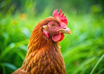 Brown Hen Portrait, Green Grass Background, Head Turn, Poultry Photography, Bird Photo