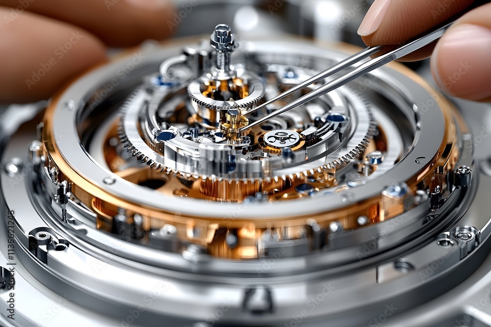 Poster a close-up of intricate watch mechanics being assembled with precision tools.