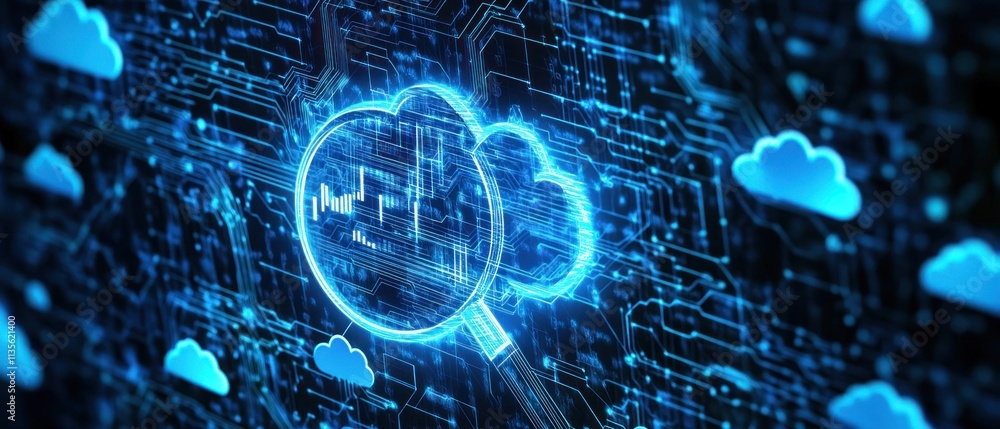Poster cloud computing data analysis with magnifying glass on circuit board.