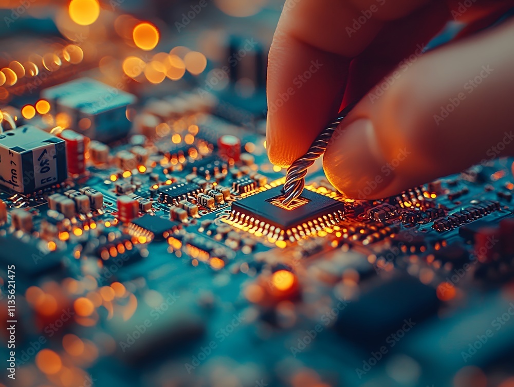 Poster a close-up of a hand working on a circuit board, highlighting technology and electronics.