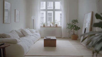 Serene Minimalist Living Room Interior Design: Light, Airy Space with Cozy Sofa and Natural Elements