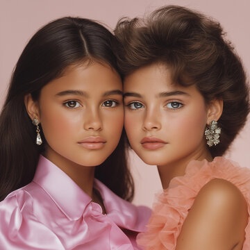 A two girls, wearing bright colour.  One girl has dark skin colour and the other wheatish skin tone. The dark skin colour girl has straight black hair and the other girl, short curly hair. 
