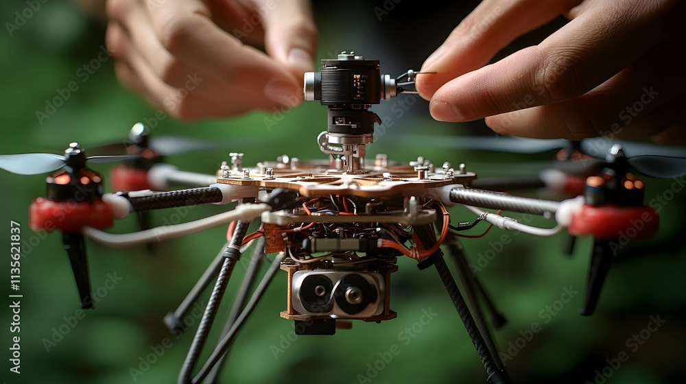 Poster a close-up of a person assembling a drone with intricate components and wiring.