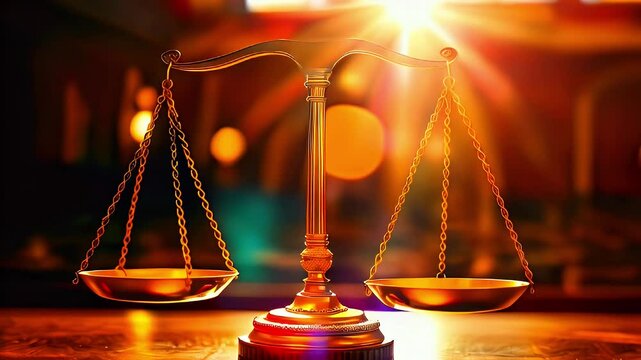 A golden balance scale illuminated by sunlight, symbolizing justice and fairness.