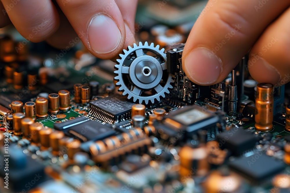 Poster a close-up of a hand assembling a gear on a circuit board, showcasing technology and engineering.