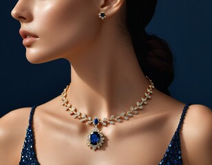 A woman wears a gold necklace with blue gemstones and a matching earring, set against a dark blue background.