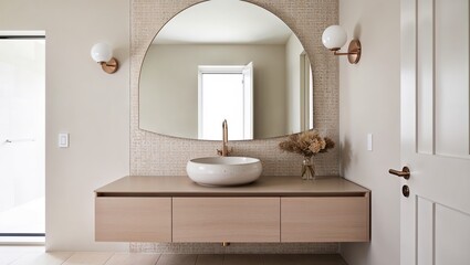 modern, minimalist bathroom interior with a focus on natural materials and clean lines. The layout features a light wood vanity with an open shelf beneath a white countertop.