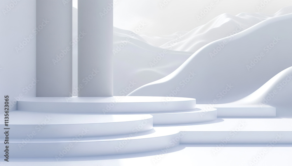 Poster white abstract platform with cylindrical pillars and undulating background