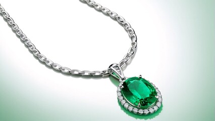 A silver necklace with a large oval-shaped emerald pendant and a halo of smaller diamonds.