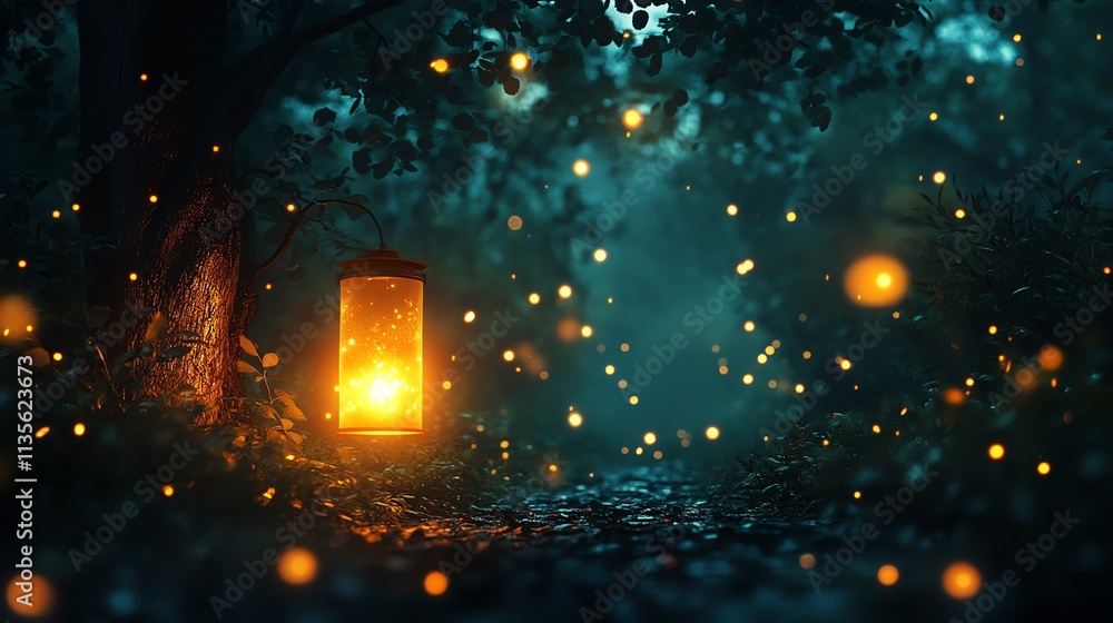 Aufkleber a serene forest scene illuminated by a glowing lantern and surrounded by fireflies.