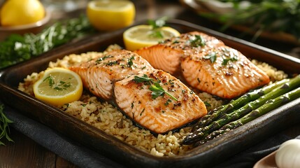 A creative arrangement of salmon fillets, roasted asparagus, and brown rice on a rustic serving tray, surrounded by lemon slices, herbs, and fresh ingredients,