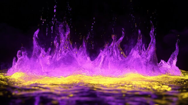 A spectral display of violet fire clashing with bright yellow water, set against a dark void. The violet flames emit a mystical aura, while the yellow water adds a burst of energy.