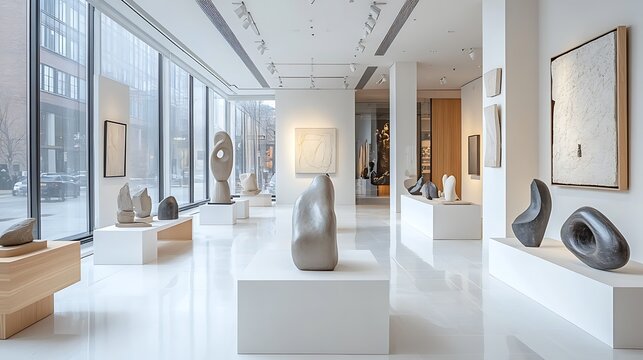 A minimalist adjustable-height display stand with clean white surfaces, displaying fine art sculptures in a contemporary gallery with bright natural lighting and neutral decor, modern and flexible.