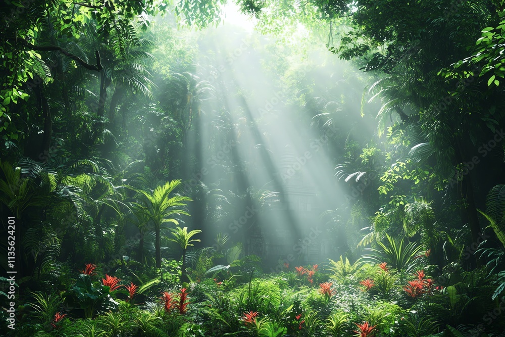 Poster a serene forest scene illuminated by sunlight filtering through lush greenery and vibrant flowers.