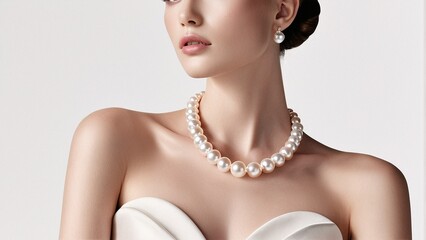 A woman in a white strapless dress, wearing a pearl necklace and earrings, poses against a white background.
