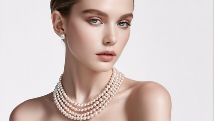 A woman with blue eyes and a pearl necklace gazes directly at the camera against a white background.