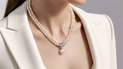 A woman wears a pearl necklace with a diamond pendant, complemented by a white blazer against a gray background.