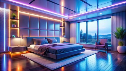 Naklejka premium Futuristic Minimalist Bedroom Design: LED Lighting & Modern Decor - High-Resolution Image