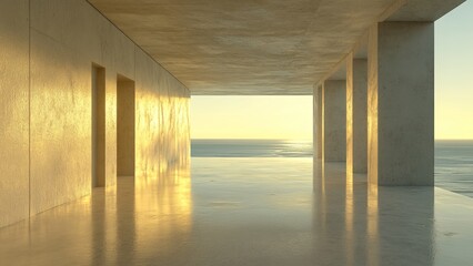 Modern architecture showcases serene ocean view at sunset