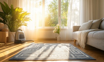 Sunlit living room with clean rug, sofa, and plant.