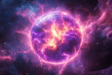 Glowing plasma sphere emitting purple light swirling dark space static electricity and quantum physics