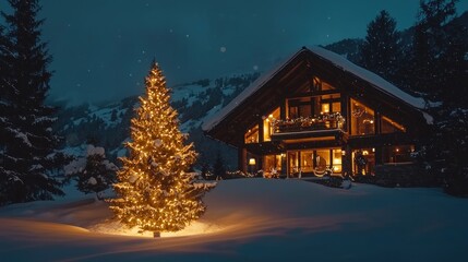 Illuminated Christmas Tree Beside a Snowy Mountain Chalet