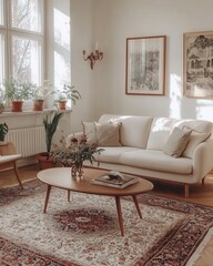 Fototapeta premium Sunlit Living Room Interior Design with Cream Sofa, Wooden Coffee Table, and Vintage Rug