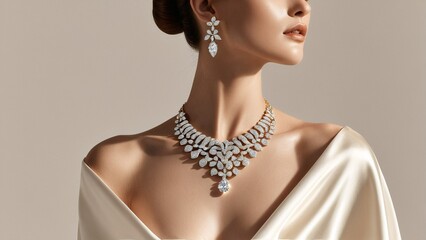 A woman dons a white dress and a necklace and earrings with large diamonds, set against a neutral background.